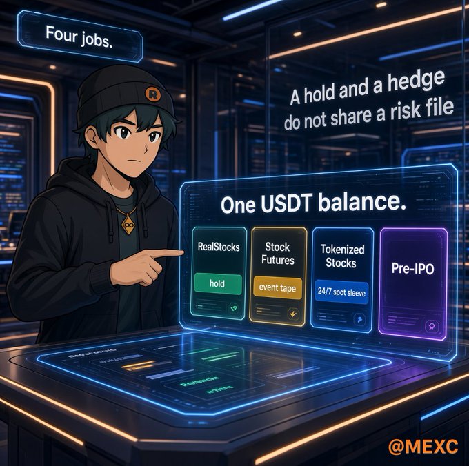 An anime-style illustration of a young man in a black hoodie pointing at a glowing digital interface displaying "One USDT balance" with options for RealStocks, Stock Futures, Tokenized Stocks, and Pre-IPO, branded with "@MEXC".