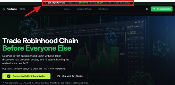 A screenshot of the NextApe website homepage with a red arrow highlighting a 50% platform fee offer at the top, advertising 'Trade Robinhood Chain Before Everyone Else' with features for live token discovery.