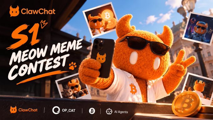 Promotional graphic for 'ClawChat's $1 MEOW MEME CONTEST' featuring an orange furry mascot wearing sunglasses and holding a Bitcoin phone, with ClawChat, OP_CAT, and AI Agents branding.