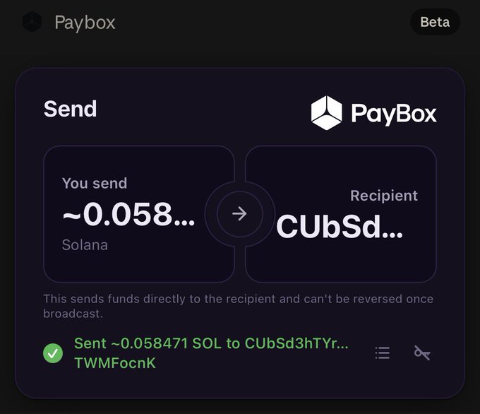A screenshot of the Paybox crypto wallet showing a transaction of ~0.058471 SOL sent to the address CUbSd3hTYr...TWMFocnK.