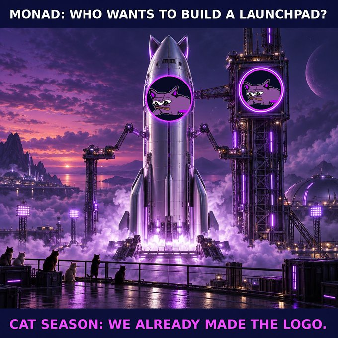 A purple-toned digital artwork shows a rocket launchpad with cat-eared screens and cats in the foreground, with text reading "MONAD: WHO WANTS TO BUILD A LAUNCHPAD?" and "CAT SEASON: WE ALREADY MADE THE LOGO."