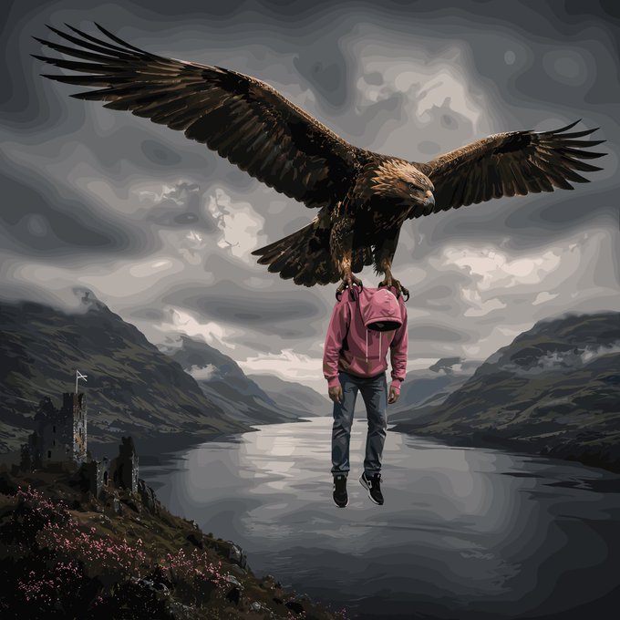 A surreal scene shows a large eagle carrying a person in a pink hoodie by the shoulders over a misty lake landscape with mountains.