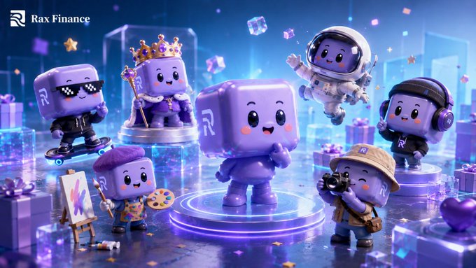 A promotional image for the "RAX Finance" "RAX Cube Design Contest" features multiple adorable 3D purple cube characters dressed in various creative outfits—including a king, astronaut, skater, painter, and photographer—showcasing examples of the imaginative accessories and emojis participants can use in their entries.