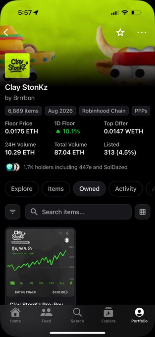 A mobile app screenshot showing the 'Clay StonKz' collection by Brrrbon on Robinhood Chain, displaying a floor price of 0.0175 ETH, 1D floor up 10.1%, and 6,889 items.