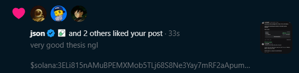 A social media post showing likes from 'json' and 2 others with the comment 'very good thesis ngl' and a Solana address visible.