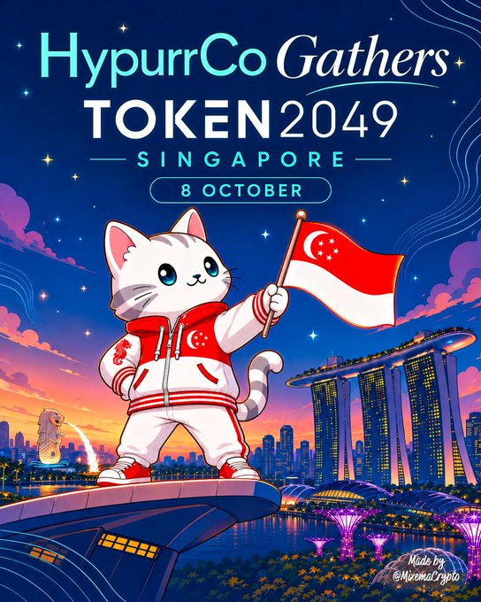 A cartoon cat wearing a Singapore flag-themed hoodie holds a Singapore flag on a rooftop overlooking the Marina Bay Sands skyline, promoting "HypurrCo Gathers TOKEN2049 Singapore 8 October."

The image serves as a promotional graphic for the HypurrCo community gathering event at Token2049 Singapore on October 8th, aligning with the weekly update's announcement about the upcoming Hypurrco Gathers meetup.