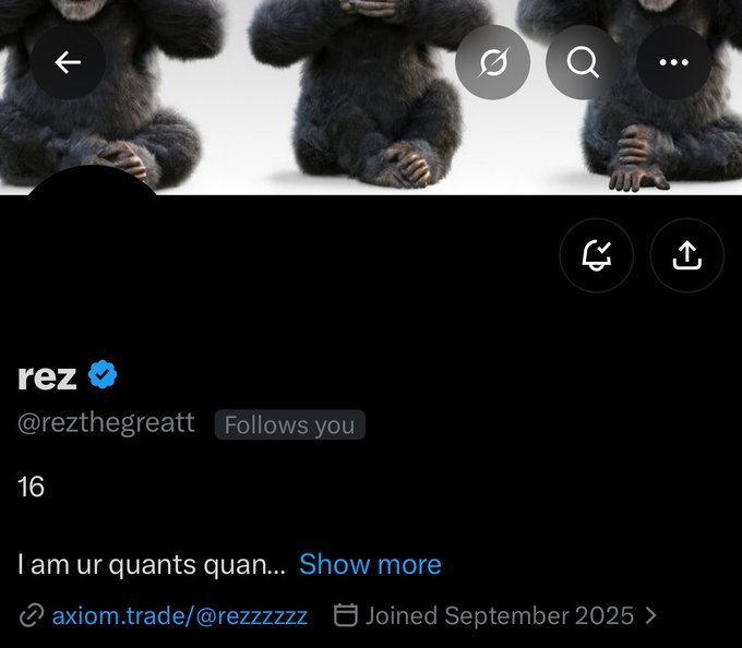 A Twitter/X profile page for "rez" (@rezthegreatt), a verified account with 16 posts that joined September 2025, displaying a banner of three gorillas covering their eyes. The profile promotes an Axiom trade link and aligns with the accompanying post announcing a $50 giveaway requiring follows, retweets, and wallet address drops.