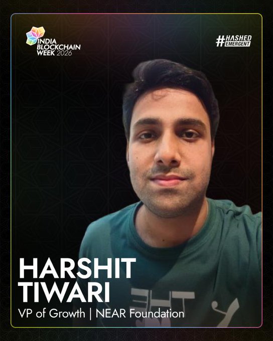 A speaker profile card for Harshit Tiwari, VP of Growth at NEAR Foundation, promoting his appearance at India Blockchain Week 2026, with logos for "India Blockchain Week 2026" and "Hashed Emergent" in the corners. The graphic aligns with the post announcing his speaking session on the full NEAR stack at the Mumbai event in November.