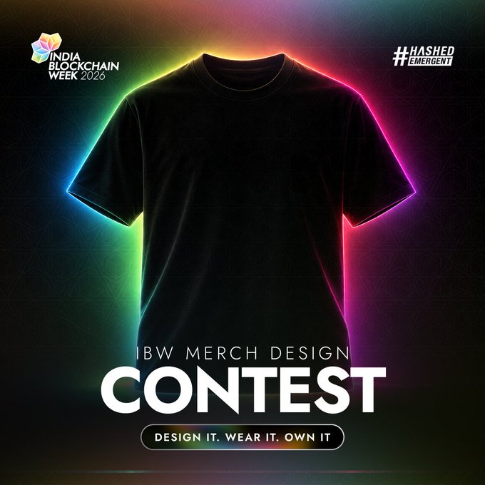A promotional poster for an 'IBW MERCH DESIGN CONTEST' featuring a black t-shirt with neon lighting effects, branded with 'India Blockchain Week 2026' and '#Hashed Emergent'.