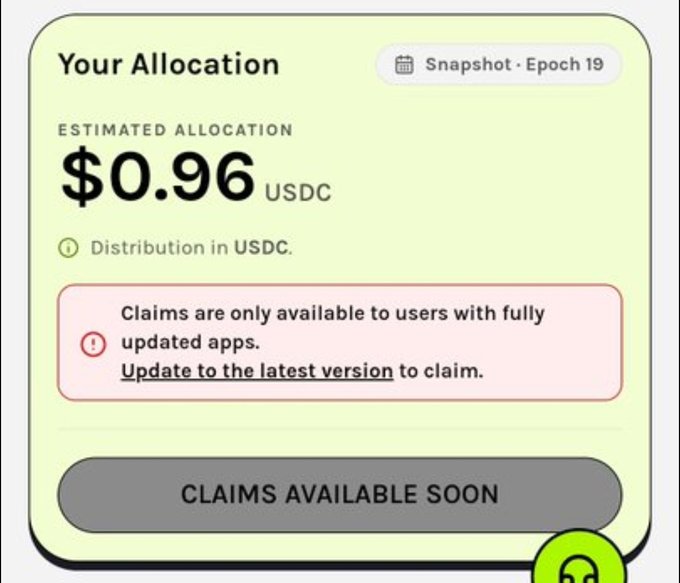 A screenshot of the Grass airdrop claim page showing an estimated allocation of $0.96 USDC for Snapshot Epoch 19, with a note that claims require the latest app version and that claims are available soon.