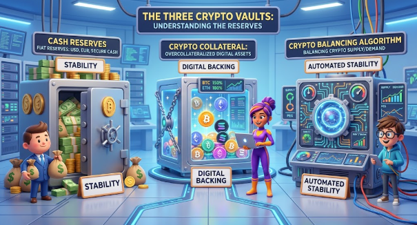 Infographic titled 'THE THREE CRYPTO VAULTS: UNDERSTANDING THE RESERVES' illustrating Cash Reserves, Crypto Collateral, and Crypto Balancing Algorithm.