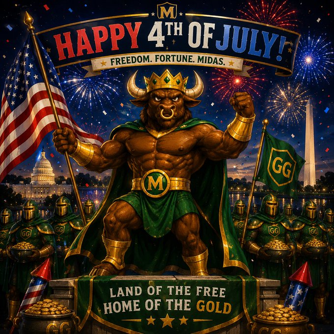 A festive 4th of July themed digital artwork featuring a muscular bull warrior wearing a crown and 'M' emblem, holding an American flag with text reading 'HAPPY 4TH OF JULY! FREEDOM. FORTUNE. MIDAS.' and 'LAND OF THE FREE HOME OF THE GOLD.'