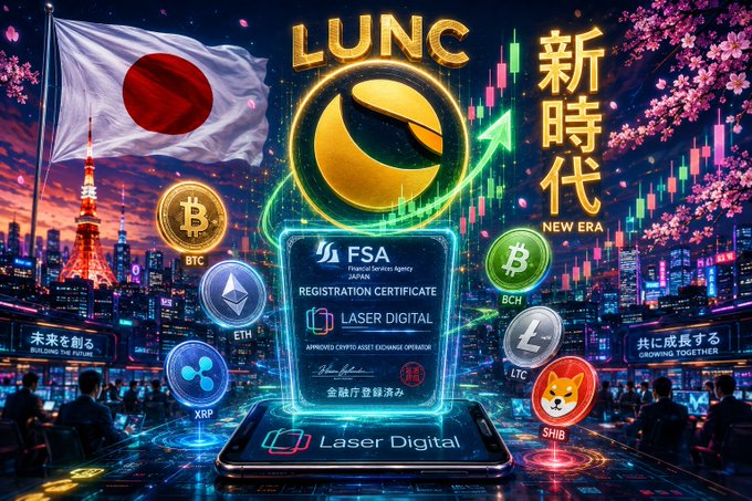 A promotional graphic celebrates Laser Digital's FSA registration certificate (issued by Japan's Financial Services Agency) as Japan's first new crypto exchange license in nearly four years, displayed against a Tokyo skyline with the Japanese flag and symbols for the approved cryptocurrencies: BTC, ETH, XRP, BCH, LTC, and SHIB, under the headlines "LUNC," "新時代" (New Era), and "GROWING TOGETHER."