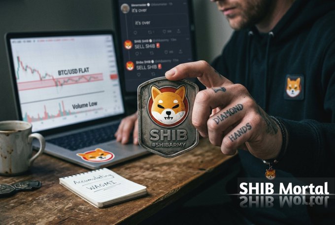 A person with "DIAMOND HANDS" tattooed on their fingers holds a Shiba Inu (SHIB) badge over a desk displaying BTC/USD flat charts, a chat filled with "it's over" and "SELL SHIB" messages, and a notepad reading "Accumulate Weakness," while wearing a black hoodie featuring the SHIB logo. The image visually embodies the post's message of diamond-handed conviction during quiet, uneventful market phases, contrasting the calm determination of true SHIB holders against the panic-selling chatter dominating the timeline.