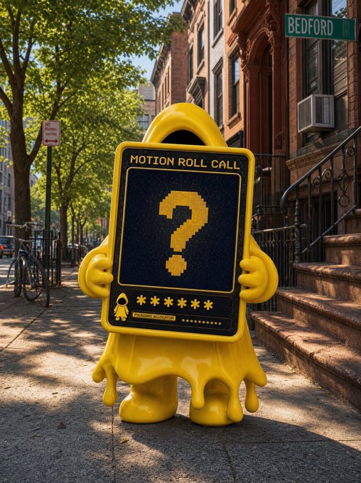 A yellow cartoon-like mascot holding a sign reading 'MOTION ROLL CALL' with a large question mark, standing on a city sidewalk near a 'BEDFORD' street sign.