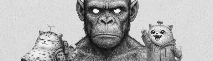 A black and white pencil-style illustration depicts a serious-looking chimpanzee in the center holding a gun, with a cute spotted cat on the left and a smiling cat in a hoodie on the right.