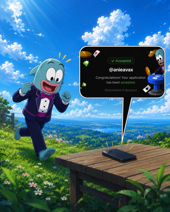 An illustration of a blue cartoon character in a tuxedo celebrating near a smartphone on a wooden table, with a speech bubble showing 'Congratulations! Your application has been accepted' from '@anieavax'.