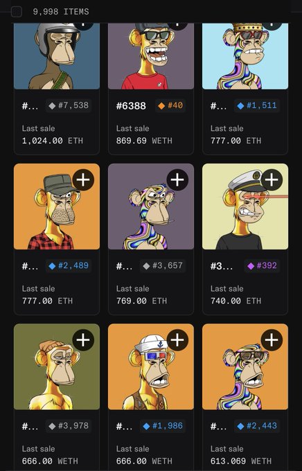 The image shows a grid of nine Bored Ape Yacht Club (BAYC) NFTs priced in ETH, with values ranging from 1,511 ETH (~$1,511) down to 613 WETH, reflecting the wildly expensive and varied price points of these iconic collectibles that the post references as peak NFT achievements.