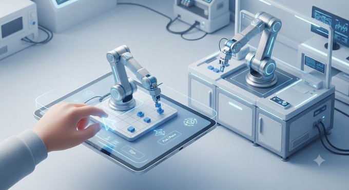 A futuristic scene depicting robotic arms performing precision tasks on a touchscreen interface with a digital control panel, representing advanced automation technology.