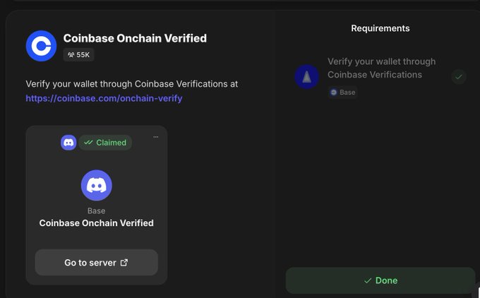 A Discord verification screen showing the 'Coinbase Onchain Verified' role has been successfully claimed, with requirements to verify the wallet through Coinbase Verifications on the Base network.