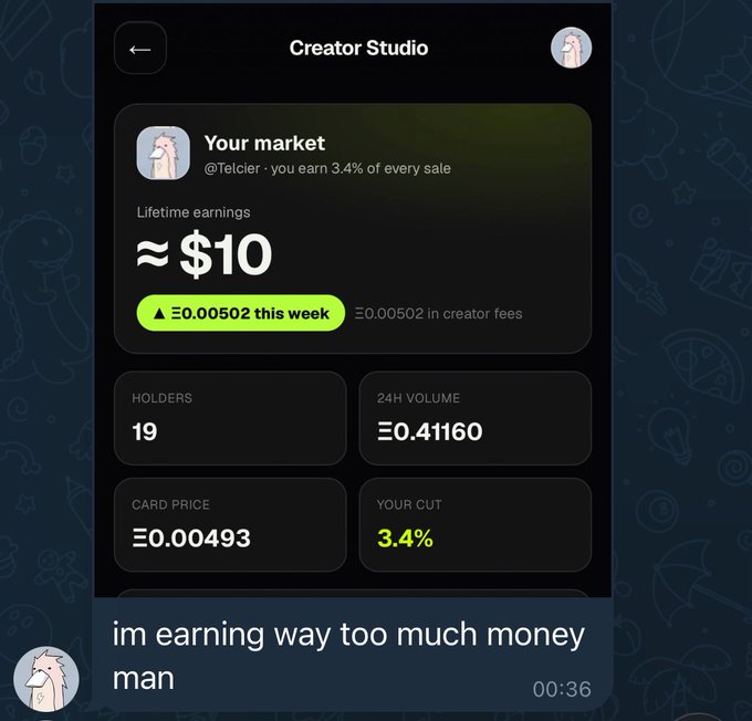 A mobile app screen showing 'Creator Studio' for 'Your market' @Telcier with lifetime earnings of approximately $10, captioned 'im earning way too much money man'.