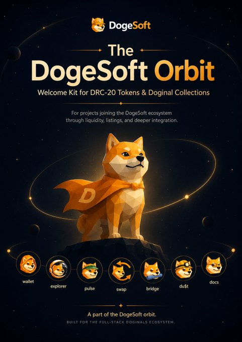 The image features a cartoon dog wearing a cape, standing atop a cliff with a starry night sky behind him. The text "inscribed on dogecoin? @dogesoftio welcome kit is waiting for you." suggests that there might be an advertisement or promotional material related to the DogeSoft Orbit cryptocurrency project.