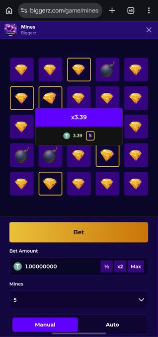 A screenshot of a 'Mines' gambling game on the Biggerz platform, showing a 5x5 grid with diamond and bomb tiles, a current multiplier of x3.39, and betting controls below.