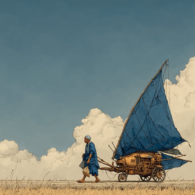 A man in a blue robe pulls a cart with a large blue sail across a grassy plain under a cloudy sky.