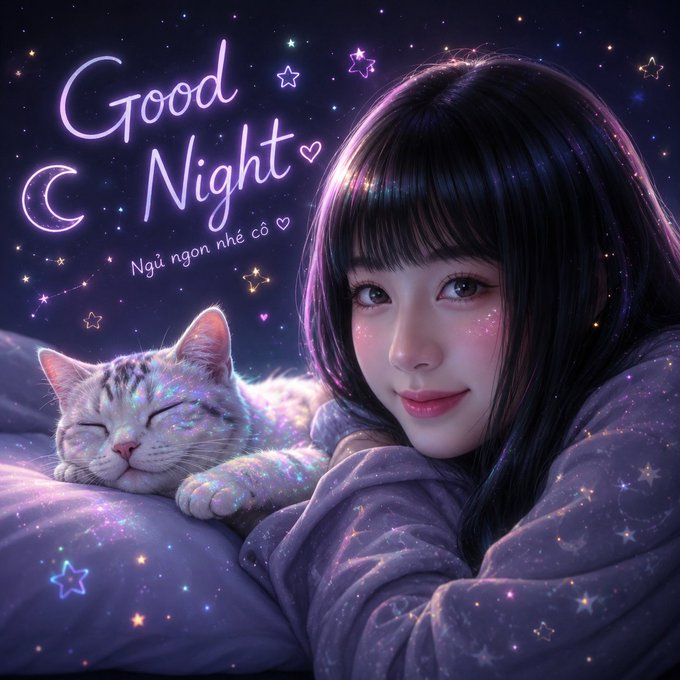 A digital illustration of a young woman with long black hair and a cat with closed eyes, surrounded by sparkles on a starry night background, with neon text reading 'Good Night' and 'Ngủ ngon nhé cổ'.