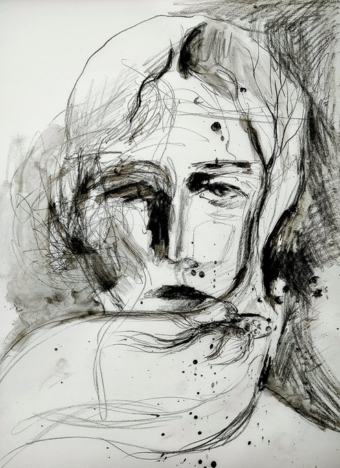 An expressive black and white ink or charcoal sketch featuring abstract swirling lines and loose strokes depicting a human face with melancholic features.