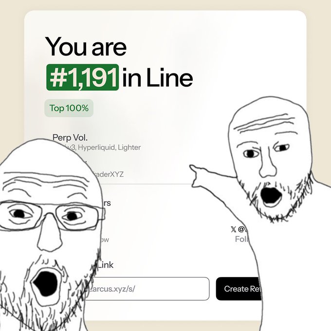 A screenshot showing 'You are #1,191 in Line' for a perp trading volume leaderboard (v3, Hyperliquid, Lighter), overlaid with two Wojak meme character drawings reacting in shock.