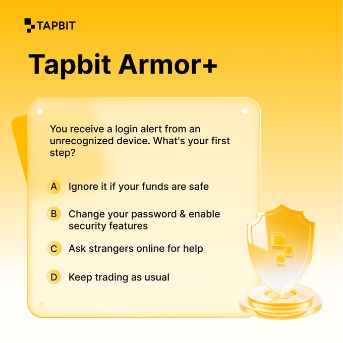 A yellow promotional graphic for Tapbit's 'Tapbit Armor+' security quiz, asking 'You receive a login alert from an unrecognized device. What's your first step?' with four multiple choice options.