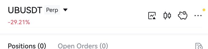 A trading interface showing 'UBUSDT Perp' down 29.21%, with tabs for Positions and Open Orders.