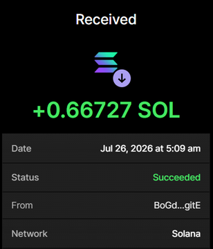 Screenshot of a successful Solana wallet transaction confirming receipt of **+0.66727 SOL** on July 26, 2026, from wallet "BoGd...gitE," corresponding to a $NOBULL presale purchase acquiring 6.81 million tokens as advertised in blindbull.xyz.
