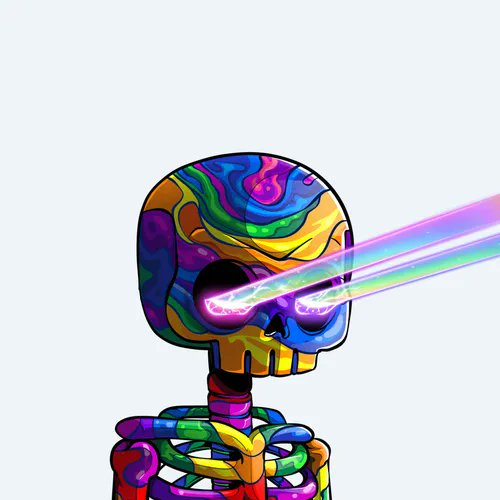 A vibrantly rainbow-colored skeleton with psychedelic swirling patterns shoots glowing pink and green laser beams from its eye sockets. The neon, multi-hued bone figure visually complements the "Supreme Beams" reference in the post, emphasizing the powerful, glowing eye beams with its trippy, colorful aesthetic.