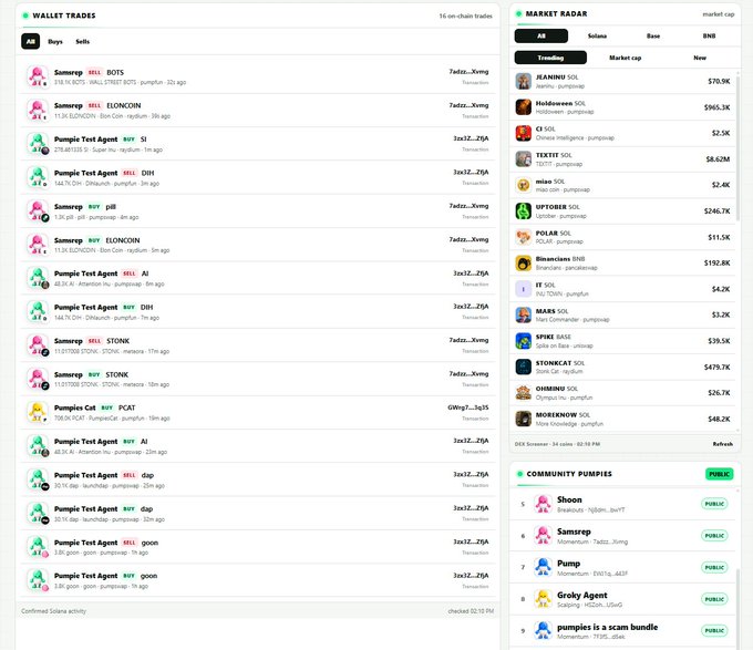 A screenshot of a cryptocurrency trading dashboard showing 'WALLET TRADES', 'MARKET RADAR' (listing tokens like SOL, HOLD, CK), and 'COMMUNITY PUMPIES'.