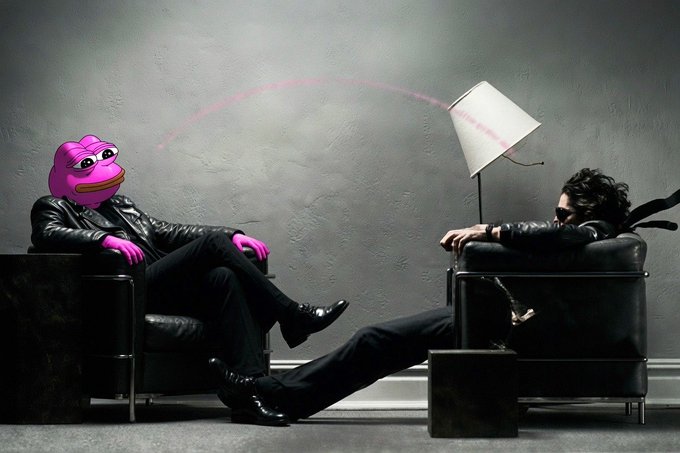 A surreal scene showing a man in a black leather jacket sitting across from a figure with a pink Pepe the Frog head, also in a leather jacket, with a lamp between them and a pink laser beam overhead.