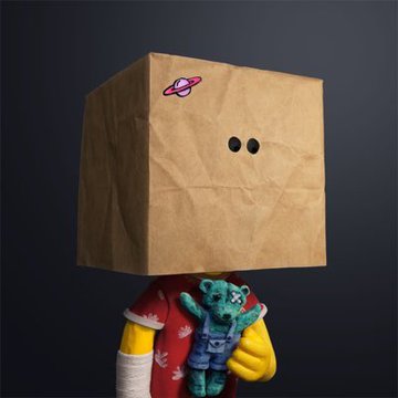 A figurine wearing a brown paper bag over its head, decorated with a small planet sticker, holds a blue teddy bear. The whimsical, lighthearted image complements the post's cheerful "Good Morning" greeting and well-wishes for a great new week.