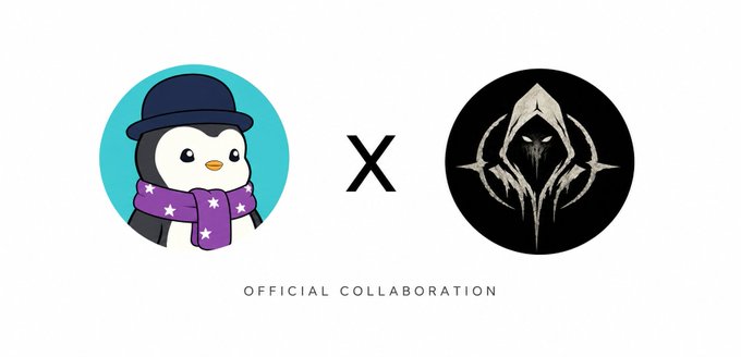 An official collaboration graphic featuring a penguin mascot wearing a purple scarf with stars next to a black circular logo depicting a hooded figure.