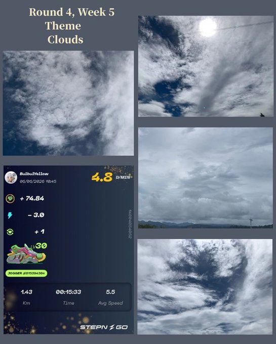 The image features a collage of four photos, each depicting different types of clouds against various backgrounds. The first photo shows a sky filled with fluffy white clouds, while the second photo captures a sky with wispy gray clouds. The third photo displays a sky with dark and ominous-looking clouds, and the fourth photo showcases a sky with light blue clouds. These images are arranged in a grid format on the poster, creating an aesthetically pleasing visual display of cloud formations against different color schemes.