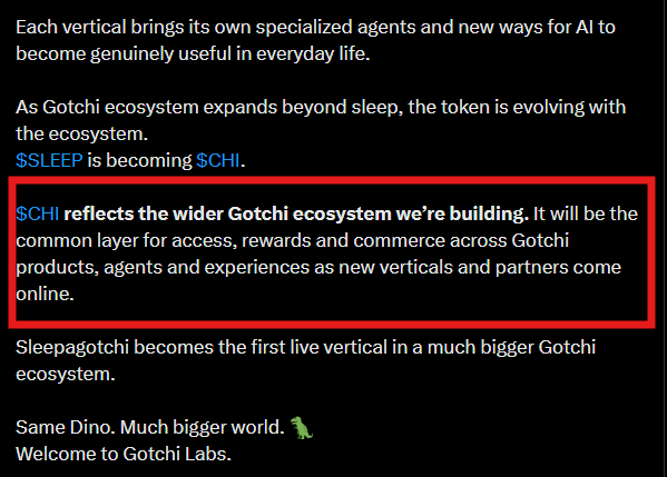 A screenshot of text describing the Gotchi ecosystem, with a red box highlighting a section stating that '$CHI reflects the wider Gotchi ecosystem we're building. It will be the common layer for access, rewards and commerce across Gotchi products, agents and experiences as new verticals and partners come online.'
