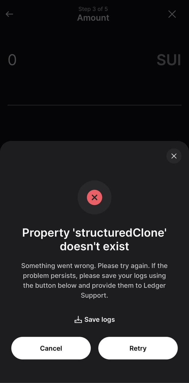 The image shows a cell phone screen with an error message displayed, stating that the property structureClone doesn't exist. This suggests that there might be an issue with the user's account or connection to Ledger. The screen also provides instructions on what the user should do next, which is to try again if they have not already done so.