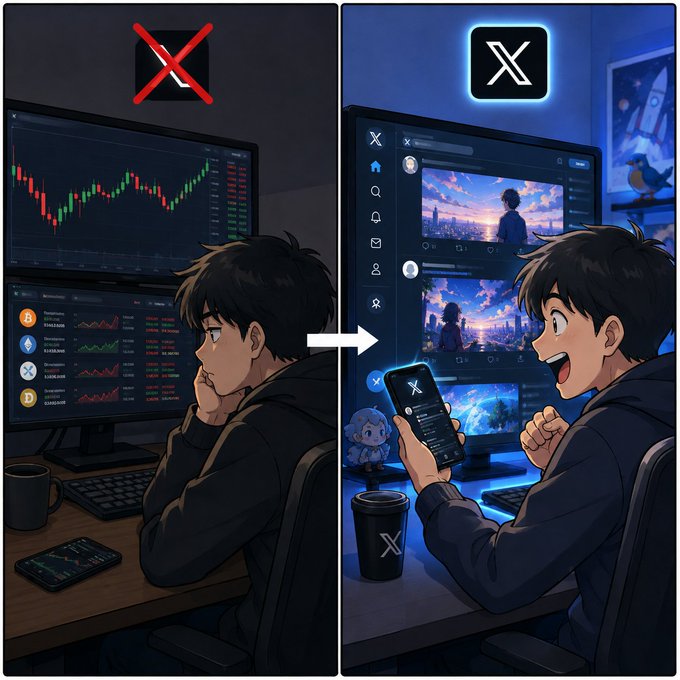 A side-by-side anime-style comparison showing a boy looking bored at crypto trading charts transitioning to happily scrolling through anime content on the X social media platform.