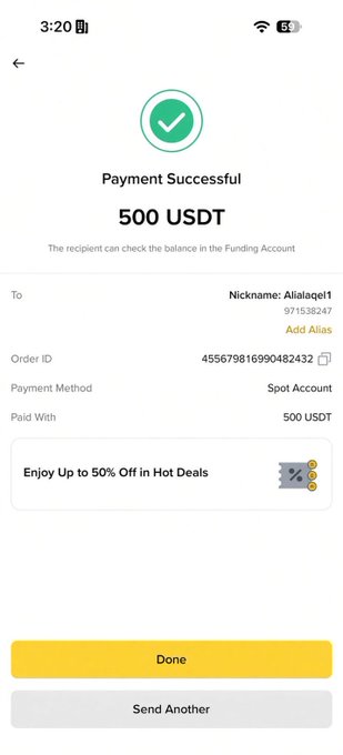Mobile screenshot showing a successful payment of 500 USDT to a recipient with the nickname 'Aliagee1' (Order ID: 455679816990482432), paid via Spot Account on what appears to be Binance.