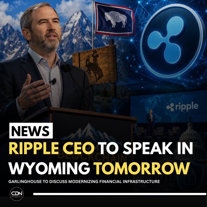 A composite graphic features Brad Garlinghouse speaking at a podium alongside a Wyoming state flag, the Ripple (XRP) logo, and a world map, with text reading "NEWS: RIPPLE CEO TO SPEAK IN WYOMING TOMORROW — GARLINGHOUSE TO DISCUSS MODERNIZING FINANCIAL INFRASTRUCTURE," visually reinforcing the announcement of his upcoming appearance in the state.