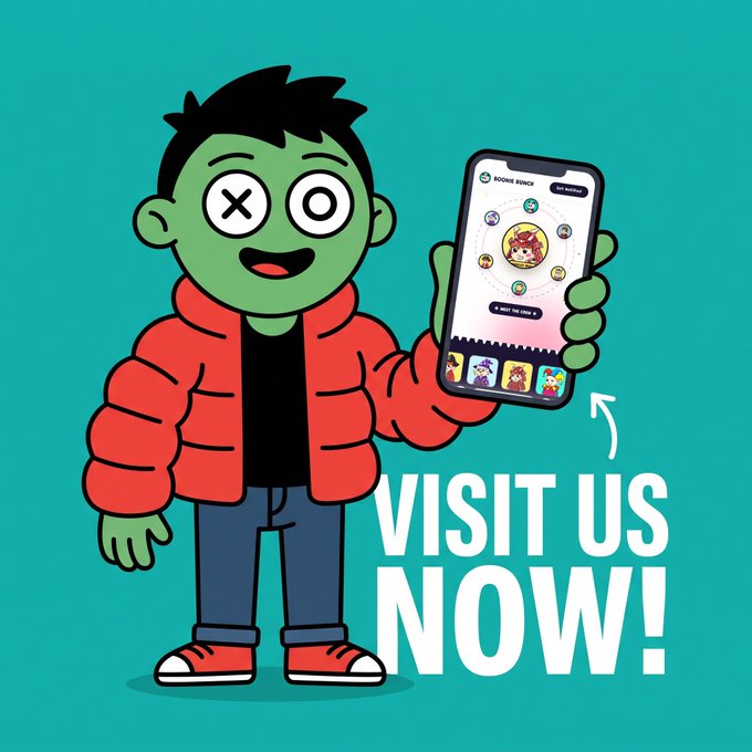 A cartoon green-skinned character with an "X" for one eye holds up a smartphone displaying the "Boonie Bunch" NFT interface, with bold text reading "VISIT US NOW!" directing viewers to the free mint giveaway mentioned in the post.