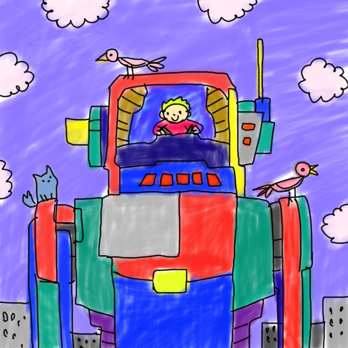A smiling boy with spiky blonde hair drives a colorful, towering robot-like vehicle across a city skyline beneath fluffy clouds, accompanied by a small blue cat and two friendly birds, capturing the cheerful spirit of a "GOOD MORNING" greeting.