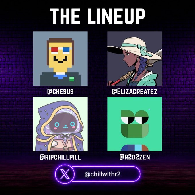 A promotional graphic titled "THE LINEUP" featuring four illustrated characters/avatars labeled @chesus, @elizacreatez, @ripchillpill, and @r2d2zen, with an X (Twitter) handle "@chillwithr2" at the bottom, promoting an upcoming stream at 9 AM EST discussing $STONKBROKER, Robinhood Chain, and related ecosystem opportunities.