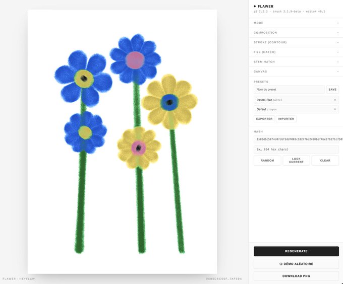A screenshot of a digital generative art tool called 'FLAWER' (p5 7.2.3.1 - Brush 2.1.3-beta), displaying a drawing of blue and yellow flowers alongside configuration options like mode, composition, and presets.
