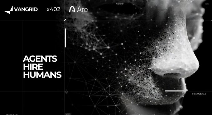 A graphic design features a stylized wireframe profile of a face with the text 'AGENTS HIRE HUMANS' and logos for 'VANGRID' and 'Arc'.